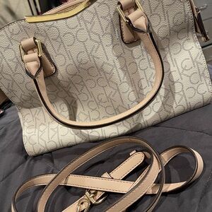Calvin Klein Cream Logo Satchel with Gold Accents